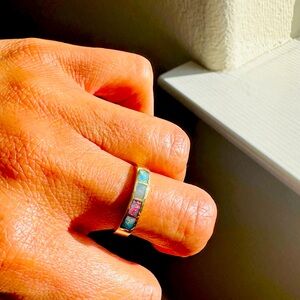 Handmade Australian Opal Inlay 14K Yellow Gold Ring Four Multi Stone - Size 7